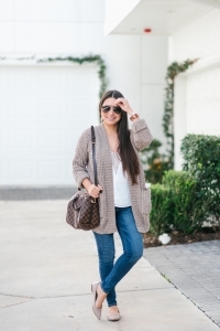 valentino rockstud flats, louis vuitton speedy b 25, tory burch wrap bracelet, michele watch, rayban sunglasses, chunky cardigan, skinny jeans