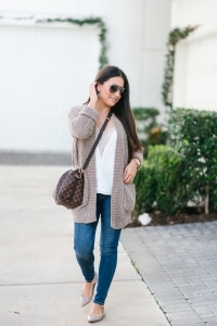 valentino rockstud flats, louis vuitton speedy b 25, tory burch wrap bracelet, michele watch, rayban sunglasses, chunky cardigan, skinny jeans