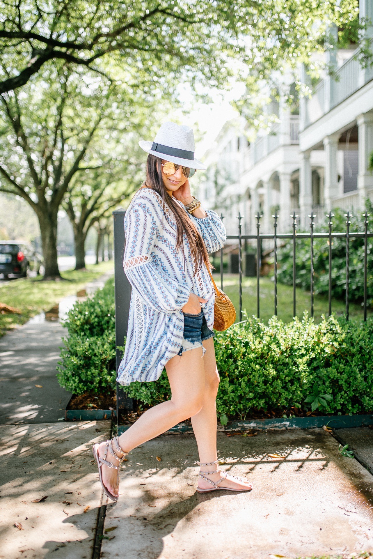 quay sunglasses, valentino thong sandals, flowy tunic, cut off shorts, bamboo round bag