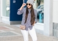 gingham shirt, white jeans, beanie, rocketed flats, Gucci marmont super mini, casual fall outfit