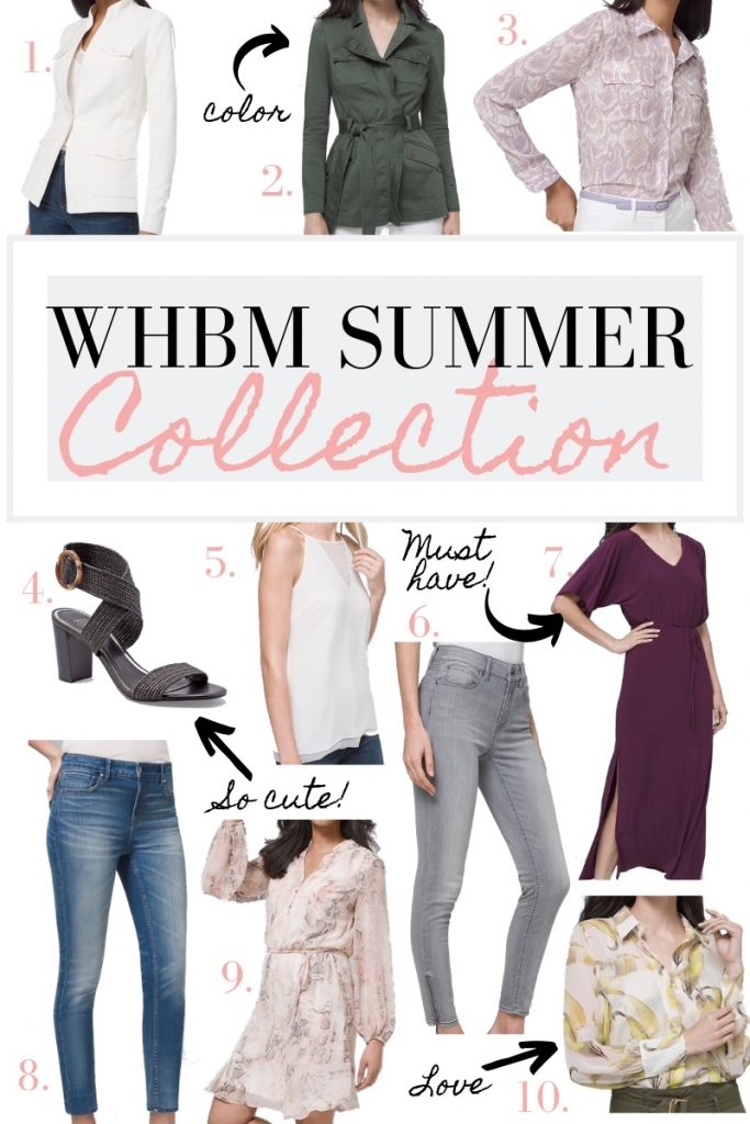 White House Black Market Summer Collection Favorites featured by top US fashion blog, LuxMommy: image of a woman wearing a White House Black Market leaf button down shirt, high rise skinny crop jeans, aviator sunglasses, hoop earrings, bangle bracelets, and cuff bracelet