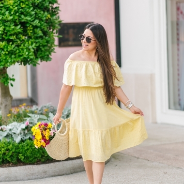 Favorite Affordable Fashion at Walmart featured by top US fashion blog, LuxMommy: image of a woman wearing a Sofia Jeans by Sofia Vergara off the shoulder eyelet midi dress, Eliza May Rose tote and Sam Edelman wedge espadrilles