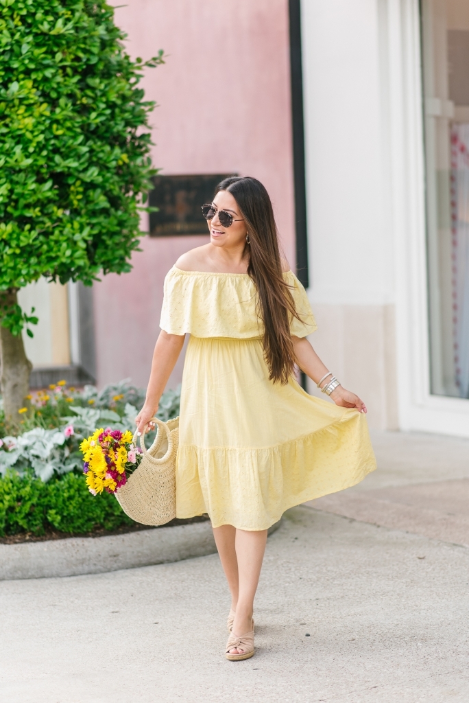 Favorite Affordable Fashion at Walmart featured by top US fashion blog, LuxMommy: image of a woman wearing a Sofia Jeans by Sofia Vergara off the shoulder eyelet midi dress, Eliza May Rose tote and Sam Edelman wedge espadrilles