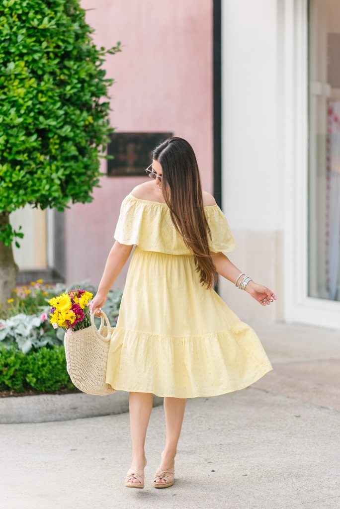 Favorite Affordable Fashion at Walmart featured by top US fashion blog, LuxMommy: image of a woman wearing a Sofia Jeans by Sofia Vergara off the shoulder eyelet midi dress, Eliza May Rose tote and Sam Edelman wedge espadrilles