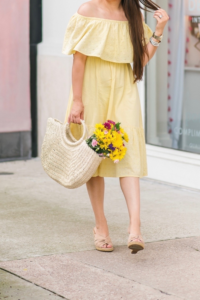 Favorite Affordable Fashion at Walmart featured by top US fashion blog, LuxMommy: image of a woman wearing a Sofia Jeans by Sofia Vergara off the shoulder eyelet midi dress, Eliza May Rose tote and Sam Edelman wedge espadrilles