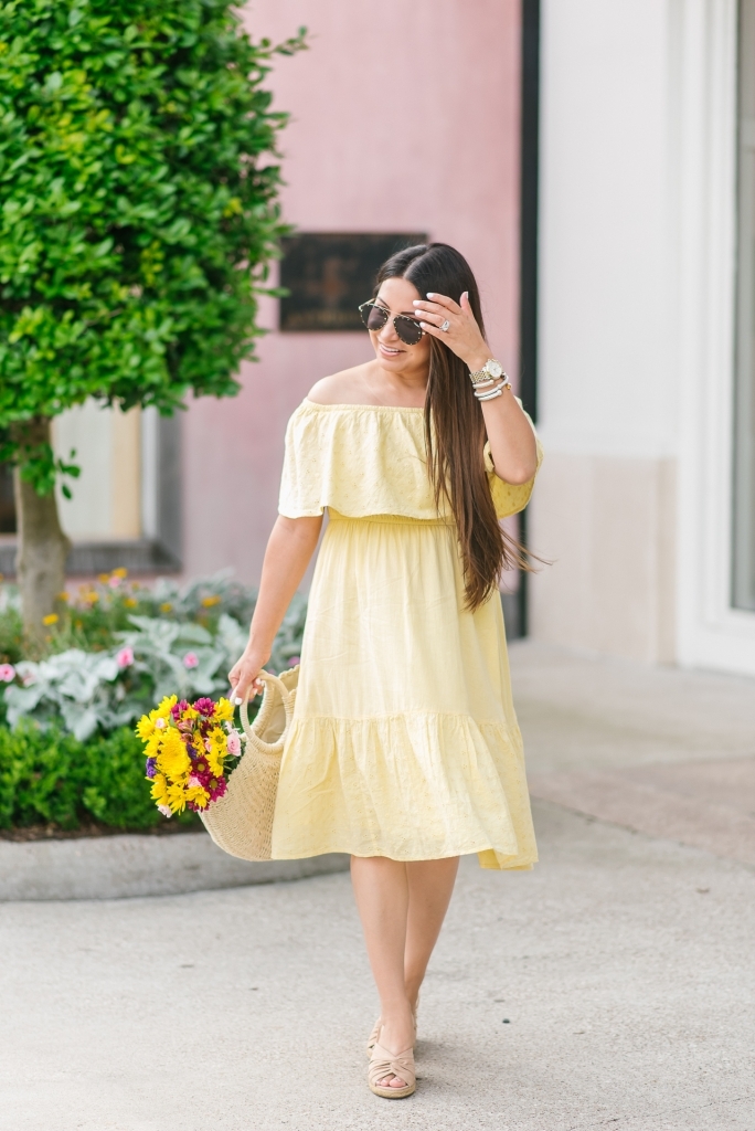 Favorite Affordable Fashion at Walmart featured by top US fashion blog, LuxMommy: image of a woman wearing a Sofia Jeans by Sofia Vergara off the shoulder eyelet midi dress, Eliza May Rose tote and Sam Edelman wedge espadrilles