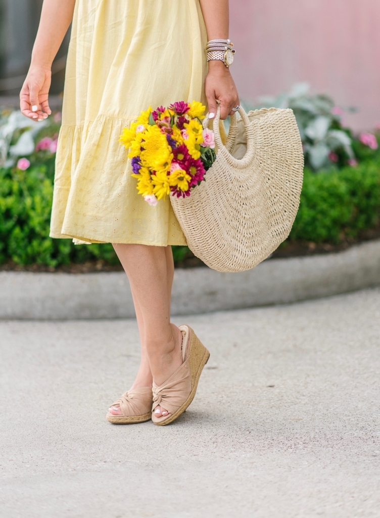 Favorite Affordable Fashion at Walmart featured by top US fashion blog, LuxMommy: image of a woman wearing a Sofia Jeans by Sofia Vergara off the shoulder eyelet midi dress, Eliza May Rose tote and Sam Edelman wedge espadrilles