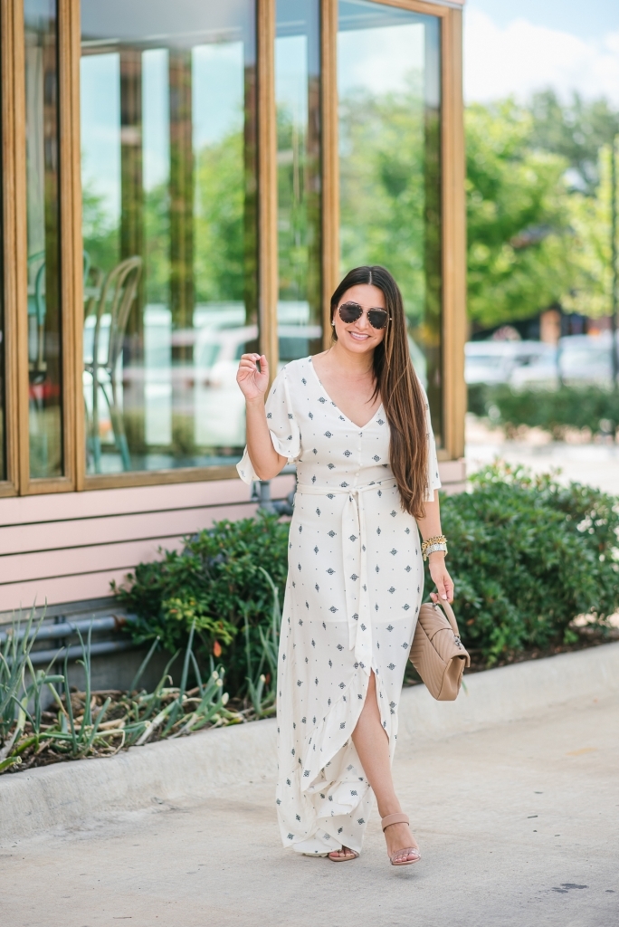 Must Have Cute Maxi Dresses for Summer featured by top US fashion blog, LuxMommy: image of a woman wearing a Lira Clothing maxi dress, Steve Madden heels, Quay Australia sunglasses, David Yurman earrings, Michele watch, Stella & Dot spike bracelet, and an Yves Saint Laurent College medium matelasse.