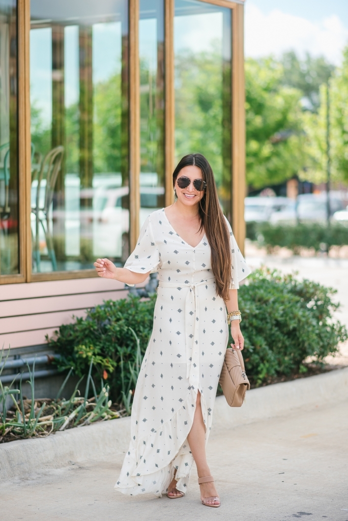 Must Have Cute Maxi Dresses for Summer featured by top US fashion blog, LuxMommy: image of a woman wearing a Lira Clothing maxi dress, Steve Madden heels, Quay Australia sunglasses, David Yurman earrings, Michele watch, Stella & Dot spike bracelet, and an Yves Saint Laurent College medium matelasse.