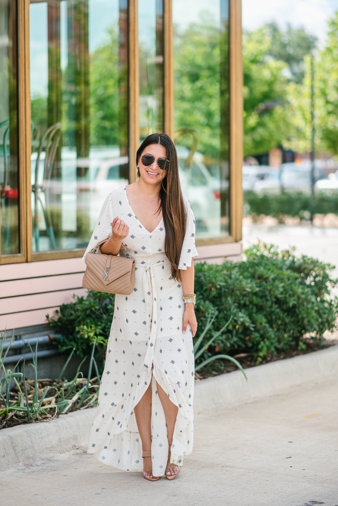 Must Have Cute Maxi Dresses for Summer featured by top US fashion blog, LuxMommy: image of a woman wearing a Lira Clothing maxi dress, Steve Madden heels, Quay Australia sunglasses, David Yurman earrings, Michele watch, Stella & Dot spike bracelet, and an Yves Saint Laurent College medium matelasse.