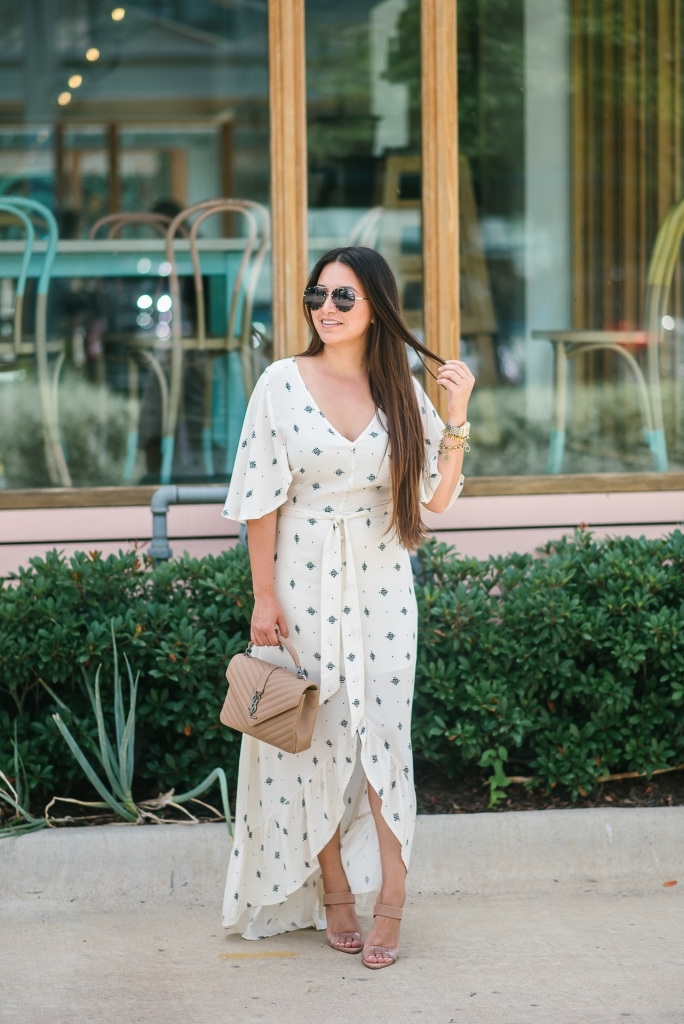 Must Have Cute Maxi Dresses for Summer featured by top US fashion blog, LuxMommy: image of a woman wearing a Lira Clothing maxi dress, Steve Madden heels, Quay Australia sunglasses, David Yurman earrings, Michele watch, Stella & Dot spike bracelet, and an Yves Saint Laurent College medium matelasse.