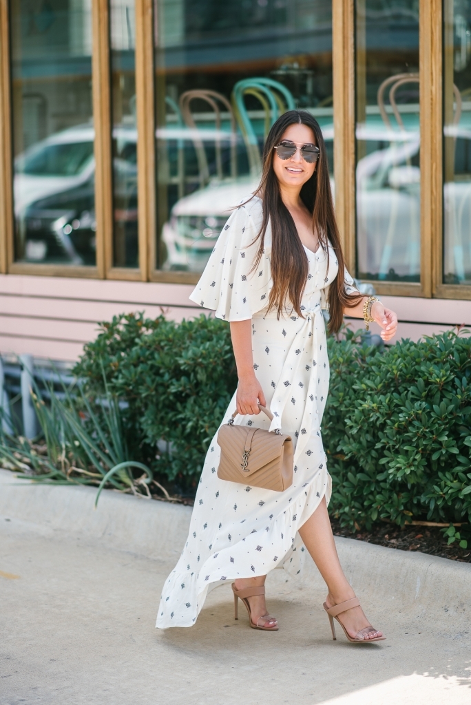 Must Have Cute Maxi Dresses for Summer featured by top US fashion blog, LuxMommy: image of a woman wearing a Lira Clothing maxi dress, Steve Madden heels, Quay Australia sunglasses, David Yurman earrings, Michele watch, Stella & Dot spike bracelet, and an Yves Saint Laurent College medium matelasse.