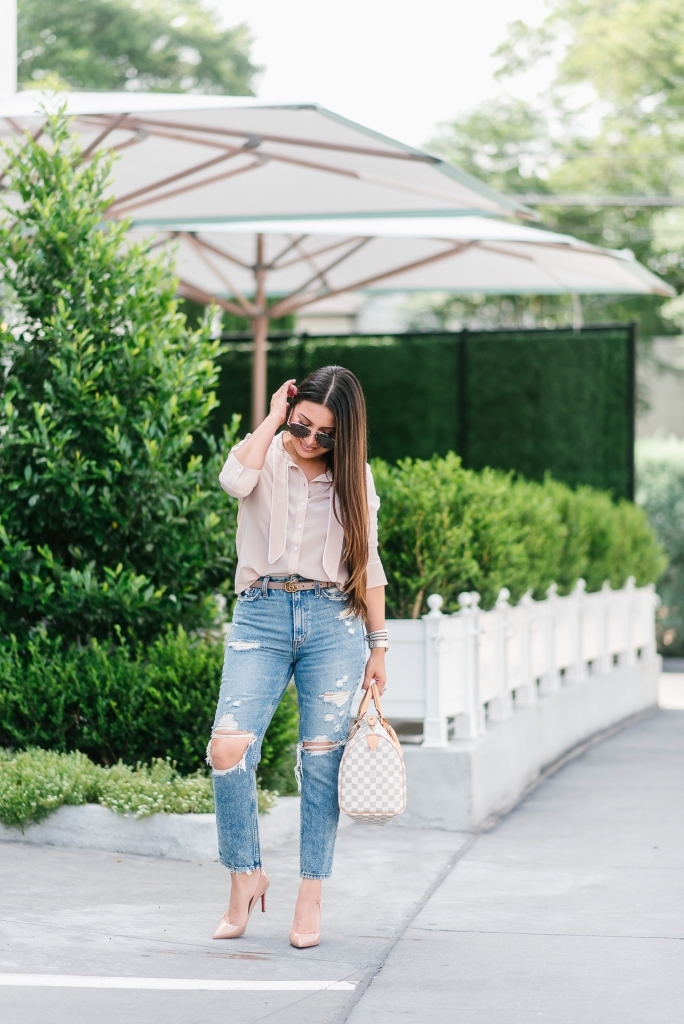 Distressed mom jeans styling tips shared by top US fashion blog, LuxMommy: image of a woman wearing a Petite Studio blush top, Abercrombie & Fitch distressed mom jeans, Christian Louboutin Pigalle pumps, Gucci Double GG belt buckle, Argento vivo choker, Quay Australia sunglasses, David Yurman bracelet, Michele diamond watch and Louis Vuitton Damier Azur