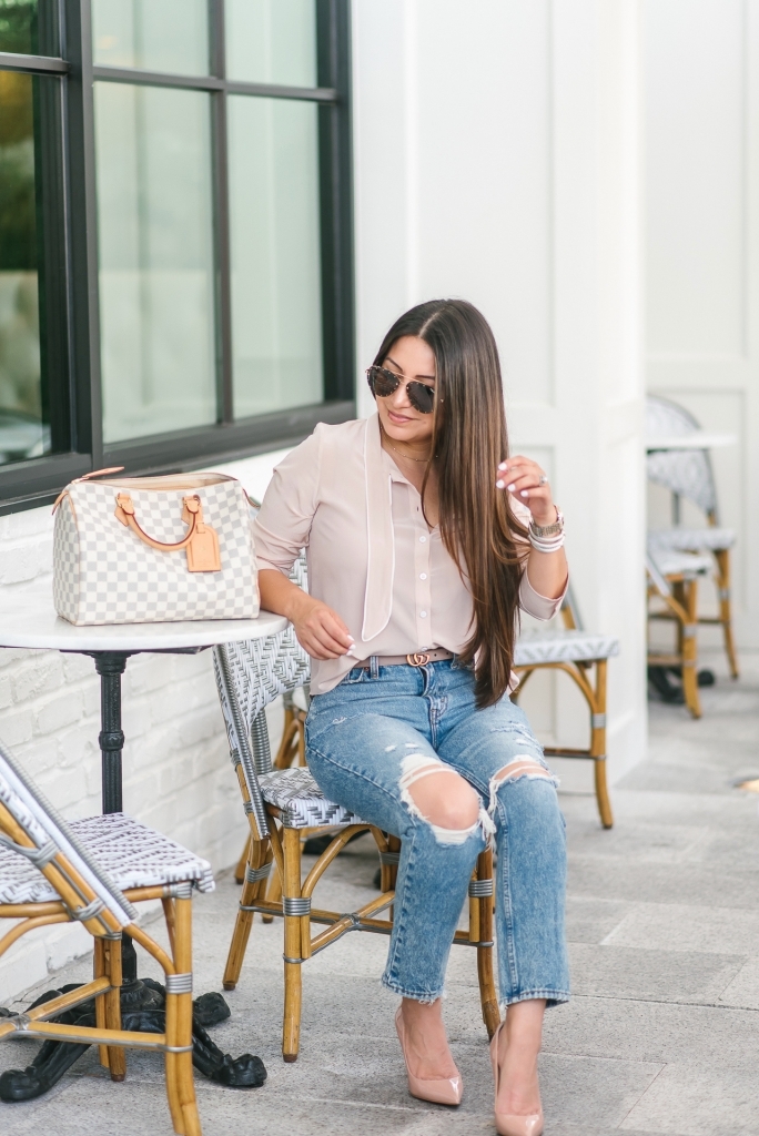 Distressed mom jeans styling tips shared by top US fashion blog, LuxMommy: image of a woman wearing a Petite Studio blush top, Abercrombie & Fitch distressed mom jeans, Christian Louboutin Pigalle pumps, Gucci Double GG belt buckle, Argento vivo choker, Quay Australia sunglasses, David Yurman bracelet, Michele diamond watch and Louis Vuitton Damier Azur