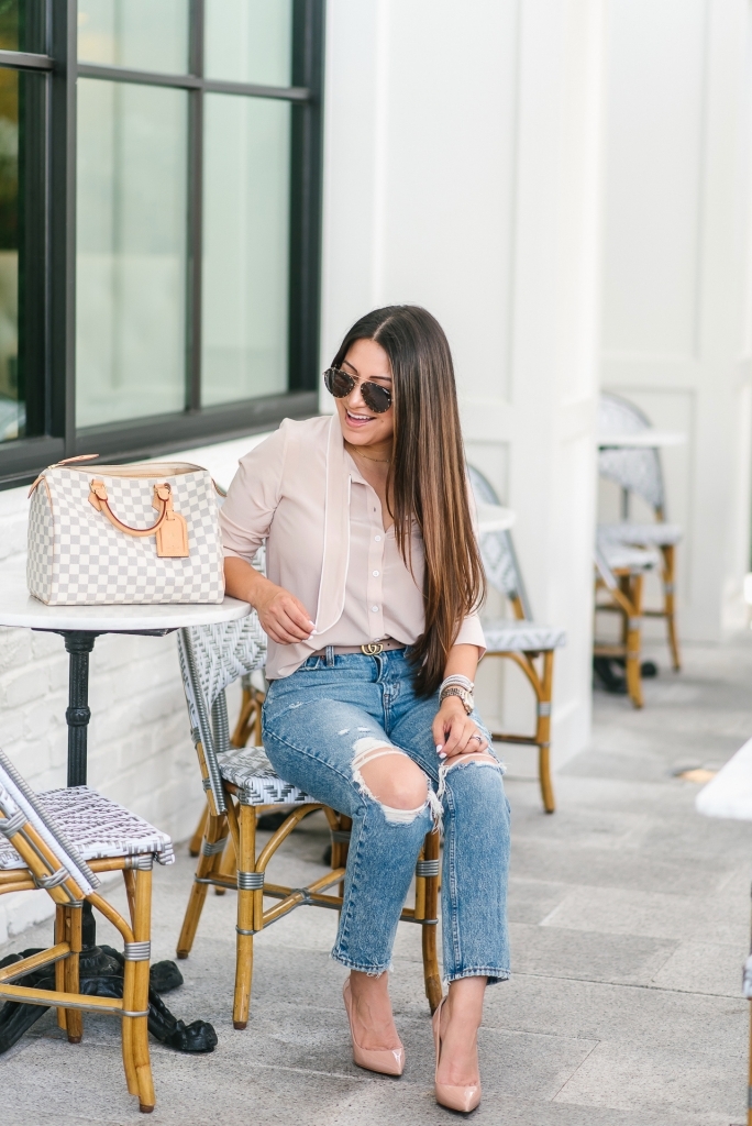 Distressed mom jeans styling tips shared by top US fashion blog, LuxMommy: image of a woman wearing a Petite Studio blush top, Abercrombie & Fitch distressed mom jeans, Christian Louboutin Pigalle pumps, Gucci Double GG belt buckle, Argento vivo choker, Quay Australia sunglasses, David Yurman bracelet, Michele diamond watch and Louis Vuitton Damier Azur