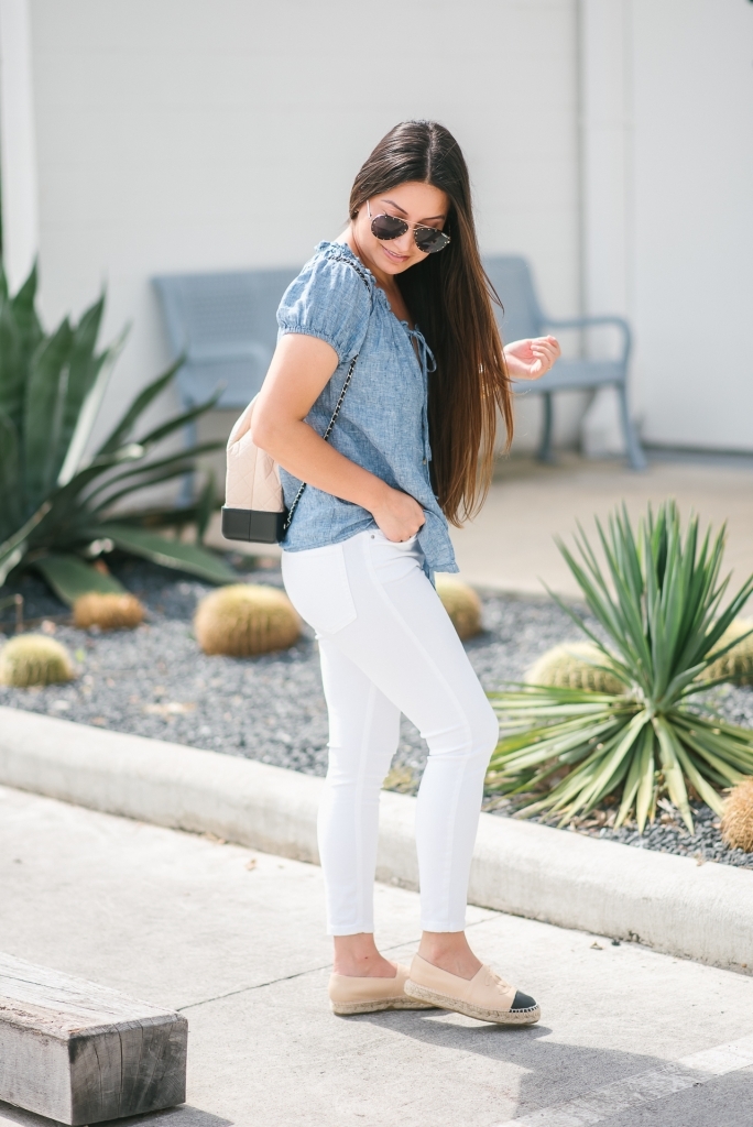 Chanel Gabrielle Backpack review featured by top US fashion blog, LuxMommy: image of a woman wearing a Chanel Gabrielle Backpack, Tory Burch cap toe flat, NYDJ chambray top, Quay Australia studded sunglasses, Michele diamond two tone watch, Stella & Dot bracelet, and a Kendra Scott charm bracelet.