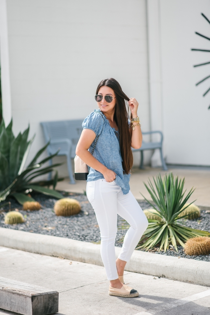 Chanel Gabrielle Backpack review featured by top US fashion blog, LuxMommy: image of a woman wearing a Chanel Gabrielle Backpack, Tory Burch cap toe flat, NYDJ chambray top, Quay Australia studded sunglasses, Michele diamond two tone watch, Stella & Dot bracelet, and a Kendra Scott charm bracelet.