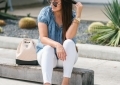 Chanel Gabrielle Backpack review featured by top US fashion blog, LuxMommy: image of a woman wearing a Chanel Gabrielle Backpack, Tory Burch cap toe flat, NYDJ chambray top, Quay Australia studded sunglasses, Michele diamond two tone watch, Stella & Dot bracelet, and a Kendra Scott charm bracelet.