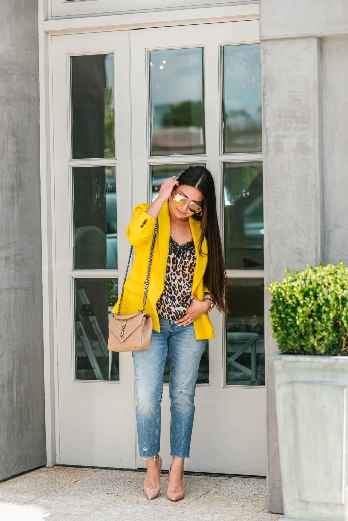 J Crew Yellow Blazer & Animal Print styled by top US fashion blog, LuxMommy: image of a woman wearing a JCrew yellow blazer, a Socialite animal cami tank top, Good American jeans, Christian Louboutin pointy toe pump, Argento Vivo hoop earrings, Quay Australia aviator sunglasses, David Yurman bracelet, Michele diamond watch, and Saint Laurent quilted leather bag.