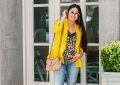 J Crew Yellow Blazer & Animal Print styled by top US fashion blog, LuxMommy: image of a woman wearing a JCrew yellow blazer, a Socialite animal cami tank top, Good American jeans, Christian Louboutin pointy toe pump, Argento Vivo hoop earrings, Quay Australia aviator sunglasses, David Yurman bracelet, Michele diamond watch, and Saint Laurent quilted leather bag.