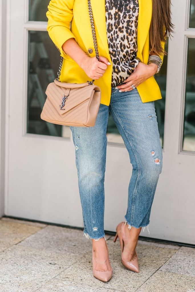 J Crew Yellow Blazer & Animal Print styled by top US fashion blog, LuxMommy: image of a woman wearing a JCrew yellow blazer, a Socialite animal cami tank top, Good American jeans, Christian Louboutin pointy toe pump, Argento Vivo hoop earrings, Quay Australia aviator sunglasses, David Yurman bracelet, Michele diamond watch, and Saint Laurent quilted leather bag.