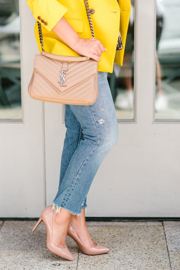 J Crew Yellow Blazer & Animal Print styled by top US fashion blog, LuxMommy: image of a woman wearing a JCrew yellow blazer, a Socialite animal cami tank top, Good American jeans, Christian Louboutin pointy toe pump, Argento Vivo hoop earrings, Quay Australia aviator sunglasses, David Yurman bracelet, Michele diamond watch, and Saint Laurent quilted leather bag.