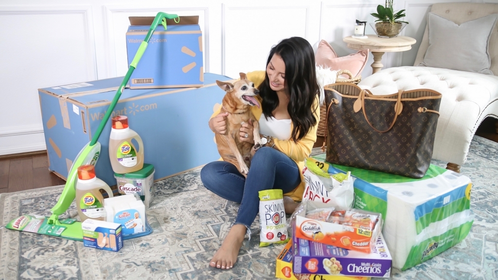 How to Get Household Essentials with Walmart Next Day Delivery by popular Texas life and style blog: Lux Mommy: image of a woman holding her dog and sitting on her floor next to some Walmart next day delivery boxes.