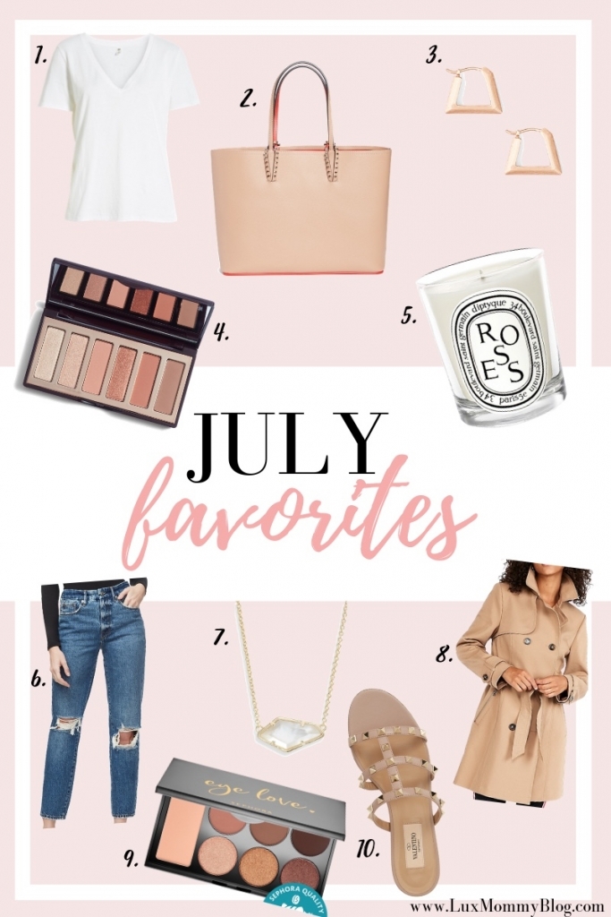 July Favorites: Beauty, Fashion and Lifestyle by popular Houston fashion blog, Lux Mommy: collage image of Nordstrom BP V-Neck tee, Nordstrom Christian Louboutin Cabata Calfskin Leather Tote, Kendra Scott Renzo Huggie Earrings, Nordstrom Charlotte Tilsbury Easy Portable Pocket Sized Eye Palette, Nordstrom Diptyque Roses Scented Candle, Nordstrom Good American Good Vintage Ripped Ankle Straight Leg Jeans, Nordstrom Kendra Scott Lilith Pendant Necklace, Express Classic Double Breasted Trench Coat, Sephora Eye Love Eyeshadow Palette, and Nordstrom Valentino Garavani Rockstud Slide Sandal