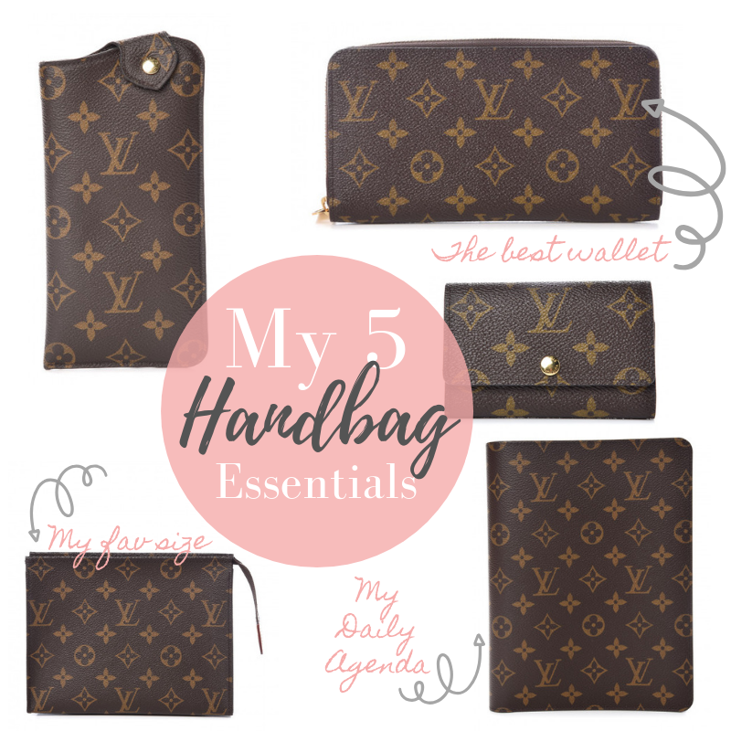 handbag essentials | My 5 Must Have Designer Handbags by popular Texas fashion blog, Lux Mommy: collage image of Louis Vuitton Sunglasses Case MM, Louis Vuitton Zippy Wallet, Louis Vuitton 6 Key Holder, Louis Vuitton Toiletry 19, and Louis Vuitton Desk Agenda. 