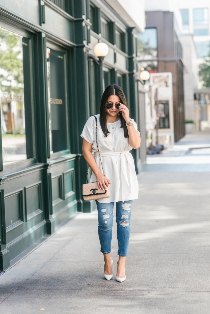 Versatile, Machine Washable, and Cute Fall Looks by popular Texas fashion blog, Lux Mommy: image of a woman wearing a M.M. La Fleur white top.