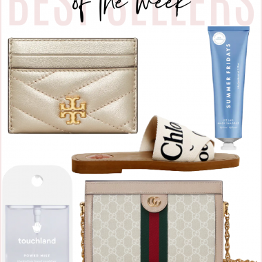 Houston fashion/lifestyle blogger LuxMommy shares this week's best sellers, including moisturizing hand sanitizer, Tory Burch card holder wallet, Sephora Jet Lag face mask, Chloe sandals, Gucci handbag