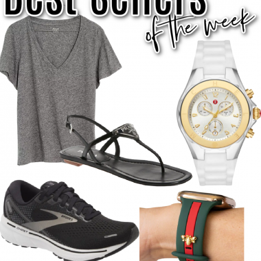 Houston top lifestyle blogger shares best sellers including basic tee, Michele watch, Prada sandals, Brooks sneakers, and Apple watchband.