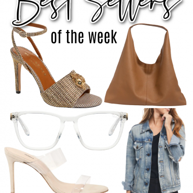 Houston top fashion and lifestyle blogger LuxMommy shares best sellers including Kurt Geiger heels and hobo bag, Quay blue-light glasses, denim jacket, and clear strap heels.
