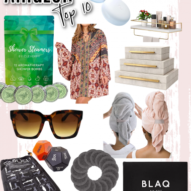 Houston fashion/lifestyle blogger LuxMommy shares Amazon top 10 including teeth whitening light, decorative shelves, hair wrap towels, fitness game, eye masks, and shower steamers