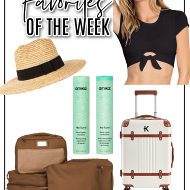 Houston fashion/lifestyle blogger LuxMommy shares favorites of the week including straw hat, tie front tee bikini top, packing cubes, travel carry on luggage, and amika shampoo and conditioner