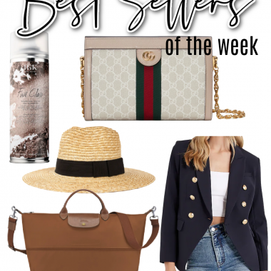 Houston fashion/lifestyle blogger LuxMommy shares best sellers including Gucci handbag, navy blazer, expandable travel bag, straw hat, and dry shampoo