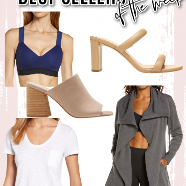 Houston fashion/lifestyle blogger LuxMommy shares best sellers of the week including a medium to high sports bra, open toe mules, slide sandals, basic tee, and the perfect fall casual jacket