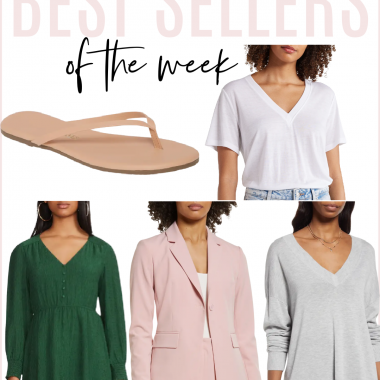 Houston fashion/lifestyle blogger LuxMommy shares best sellers of the week including perfect flip flops, basic tee, long sleeve dress, beautiful pink blazer, and a v-neck sweater for fall.
