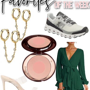 Houston top fashion and lifestyle blogger LuxMommy shares favorites of the week including gold dangling earrings for double pierced ears, mens tennis shoes, emerald green date night dress, Charlotte Tilsbury blush, and clear heels