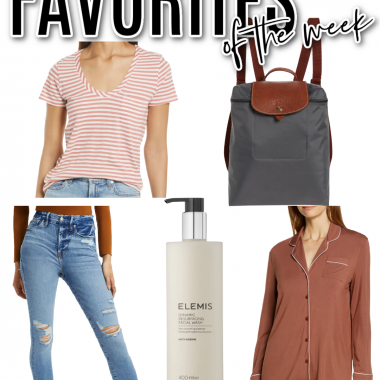 Houston fashion/lifestyle blogger LuxMommy shares favorites of the week including basic tee, Good American jeans, Elemis facial cleanser, comfy pajama set, and Longchamp backpack
