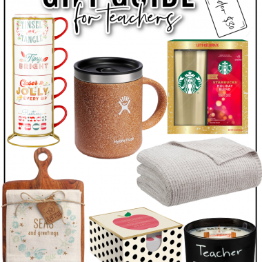 Houston fashion/lifestyle blogger LuxMommy shares a gift guide for teachers under $30 including holiday coffee mug set, hydroflask travel mug, holiday cutting board set, cozy throw blanket, teacher candle, memo box and pen set, and Starbucks gold tumbler and coffee set.
