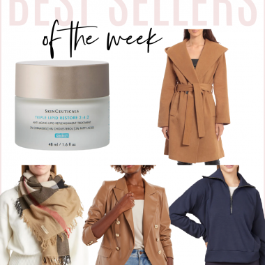 Houston fashion/lifestyle blogger LuxMommy shares best sellers of the week including wrap coat, amazing facial moisturizer, Burberry scarf, faux leather blazer, and the perfect half zip pullover