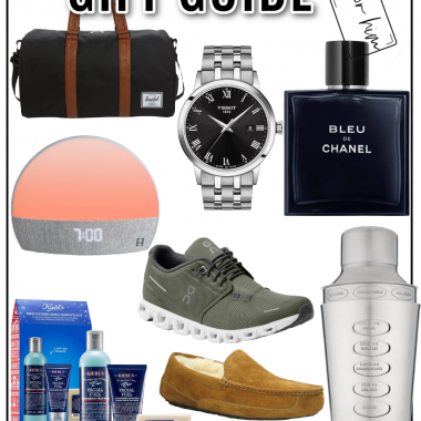 Gift guide for him including tote bag, watch, cologne, sneakers, house slippers, and more