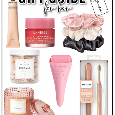 Amazon gift guide for her including lip mask, ice roller, candle, toothbrush, hair scrunchies, and more