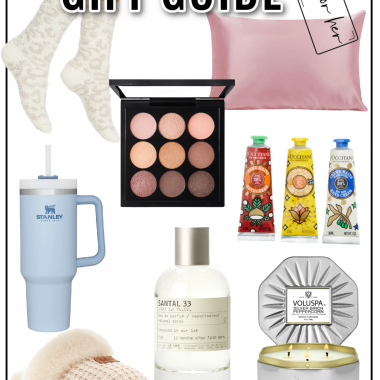 Gift guide for her including cozy socks, silk pillowcase, makeup pallet, drinking tumbler, house slippers, perfume, candle, and skincare