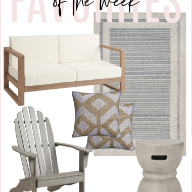 Houston fashion/lifestyle blogger LuxMommy shares favorites of the week for your outdoor space including an area rug, couch, Adirondack chair, pillows, and concrete side table