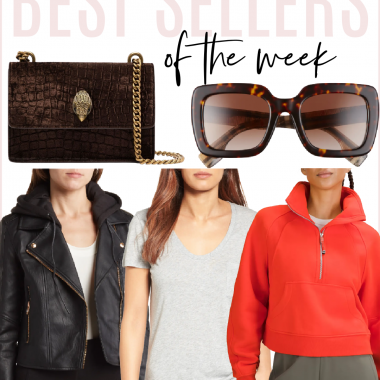 Houston fashion/lifestyle blogger LuxMommy shares best sellers of the week including Burberry oversized sunglasses, faux leather moto jacket, my favorite basic tee on sale, Kurt Geiger affordable crossbody bag, and one of my favorite new pullovers