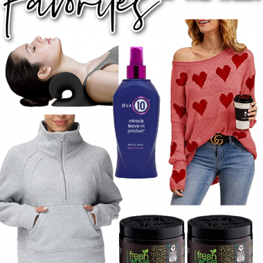 Houston fashion/lifestyle blogger LuxMommy shares favorites of the week including the perfect heart print sweater for Valentine's Day from Amazon, a pullover that's a great dupe for Lululemon, odor absorbing gel, the best leave in conditioner, and a neck and shoulder relaxer.