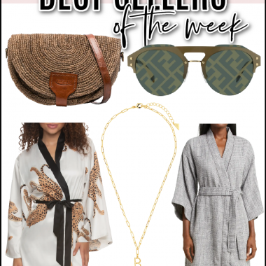 Houston fashion/lifestyle blogger LuxMommy shares best sellers of the week including Fendi sunglasses, the best waffle robe, a perfect 14k gold initial necklace, silk jaguar print robe, and raffia crossbody bag.