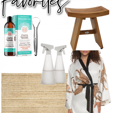 Houston fashion/lifestyle blogger LuxMommy shares favorites of the week including a jute area rug, teak wood shower stool, oil pulling kit, a silky lightweight robe, and reusable spray bottles